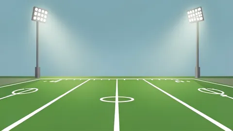 A flat vector illustration of a green football field with white yard lines under bright stadium lights.