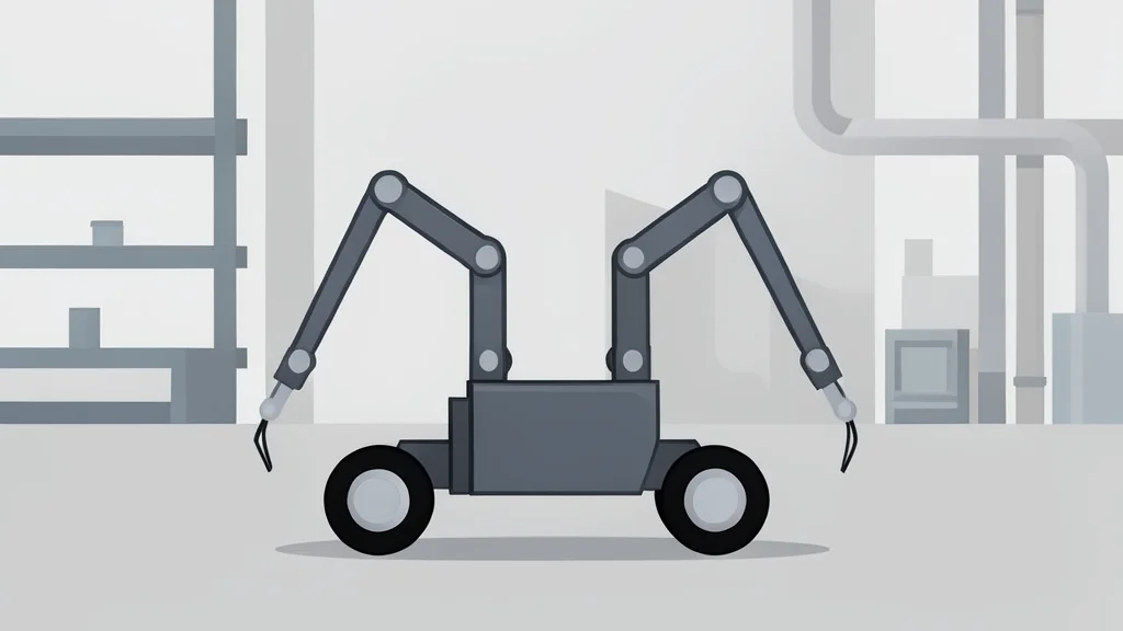 A wheeled robotic unit with articulated arms standing on a factory floor