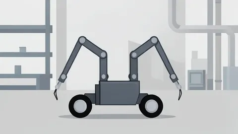A wheeled robotic unit with articulated arms standing on a factory floor