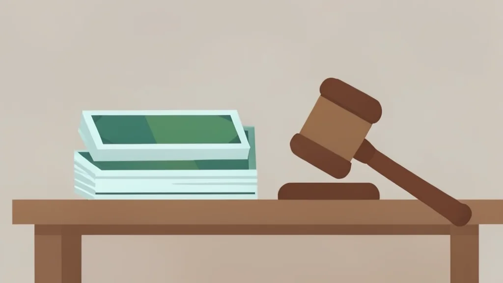 A flat-vector illustration of a stack of generic paper currency bills and a single wooden gavel resting on a plain desk surface.