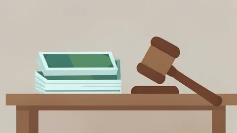 A flat-vector illustration of a stack of generic paper currency bills and a single wooden gavel resting on a plain desk surface.