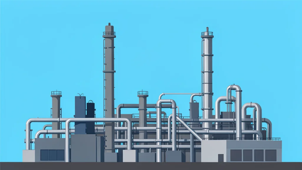 A large industrial refinery complex with tall distillation towers and interconnected pipes against a clear sky