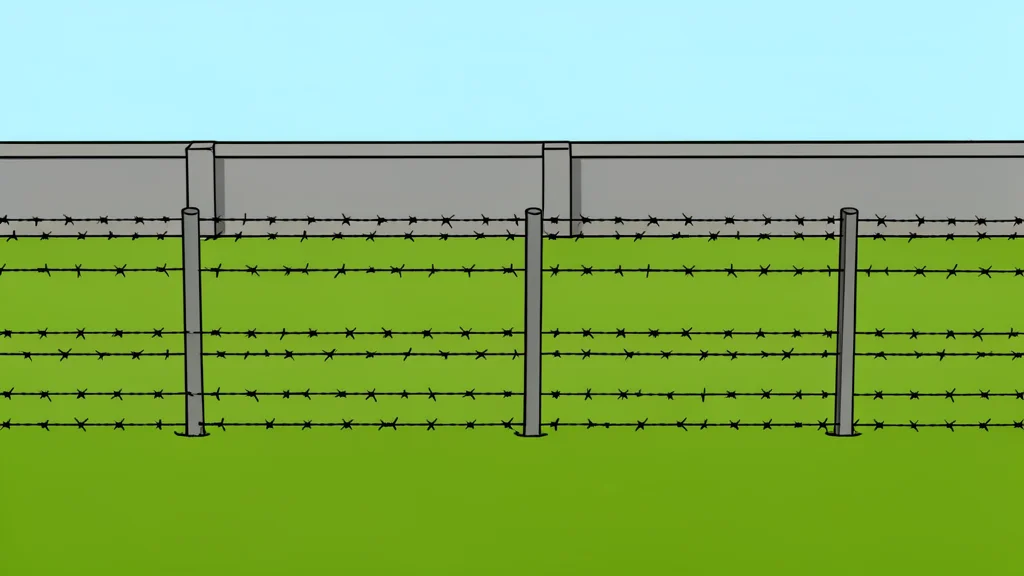 A barbed wire fence stretching across a grassy field with a concrete barrier in the background.