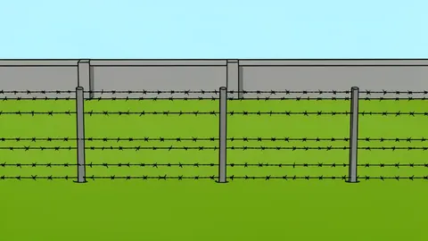 A barbed wire fence stretching across a grassy field with a concrete barrier in the background.