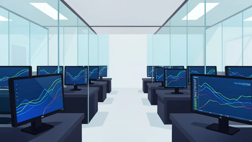 A flat-vector illustration of a glass trading floor with rows of computer monitors displaying scrolling data.