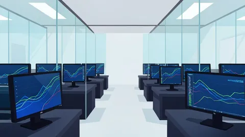 A flat-vector illustration of a glass trading floor with rows of computer monitors displaying scrolling data.