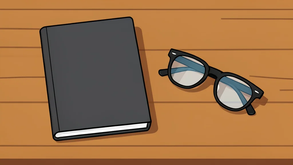 A closed notebook resting on a wooden desk next to a pair of reading glasses