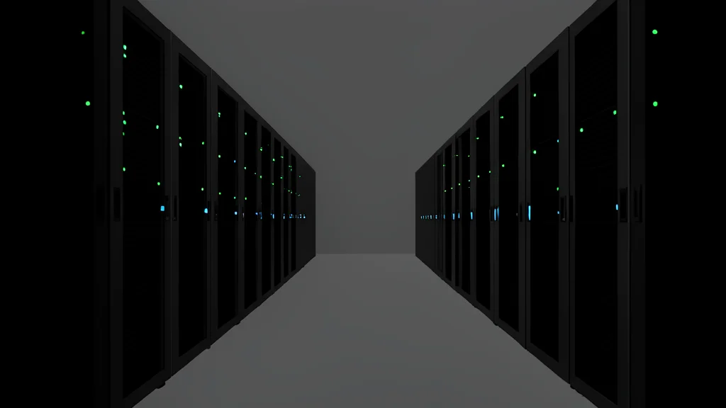 A server room with rows of black racks and blinking status lights