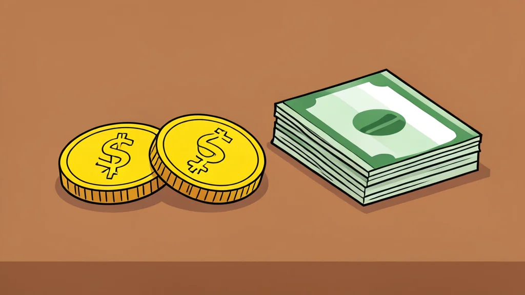 A pair of gold coins resting on a wooden desk next to a stack of paper currency