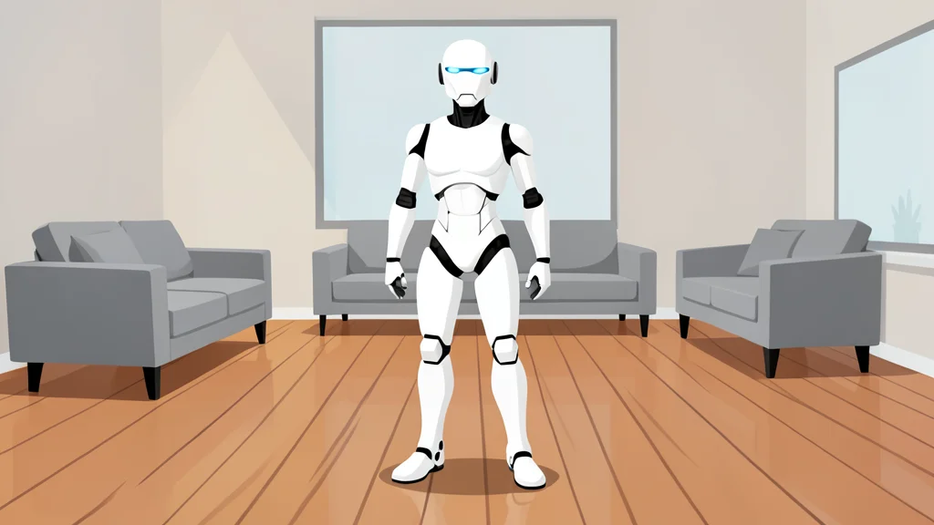 A sleek white humanoid robot standing on a polished wooden floor in a modern living room