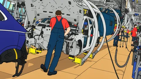 A modern automotive assembly line featuring robotic arms and car chassis