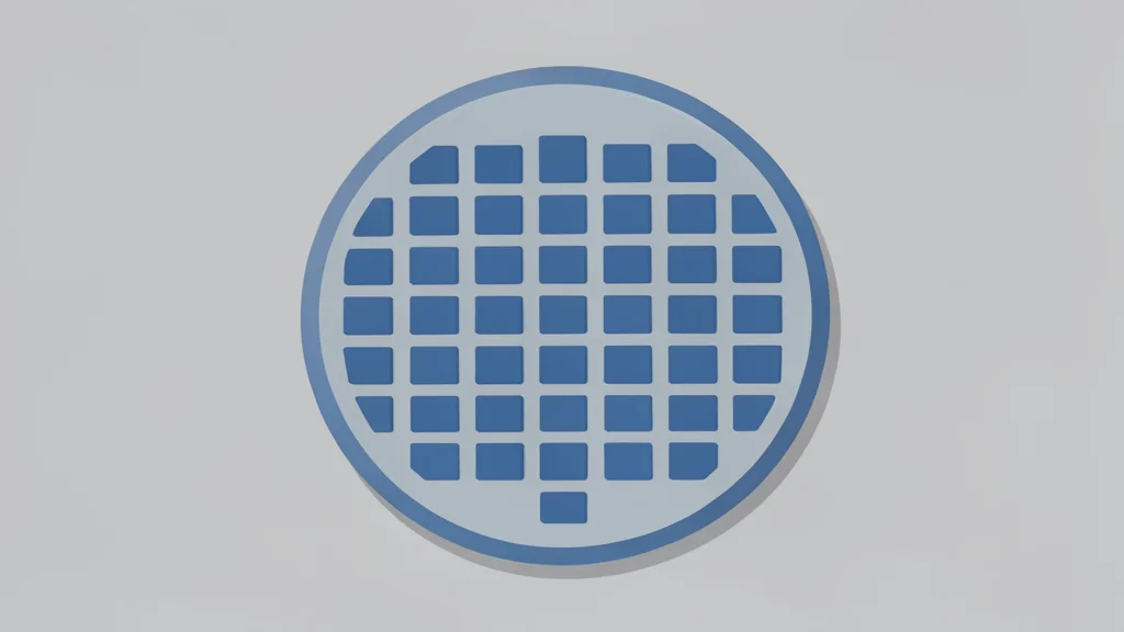 A flat-vector illustration of a silicon wafer with a grid of square chips resting on a clean laboratory surface.