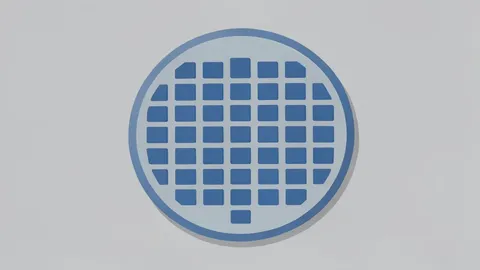 A flat-vector illustration of a silicon wafer with a grid of square chips resting on a clean laboratory surface.