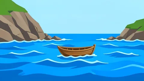 A small wooden boat floating on choppy blue ocean waves near a rocky coastline
