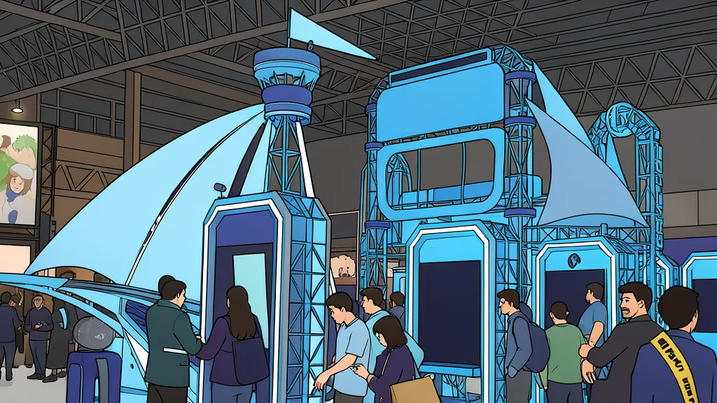 A stylized illustration of a crowded exhibition hall with colorful geometric booths and abstract gaming console shapes.