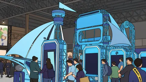A stylized illustration of a crowded exhibition hall with colorful geometric booths and abstract gaming console shapes.