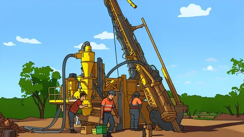 An open-pit gold mine with terraced earth walls and heavy mining machinery in the distance