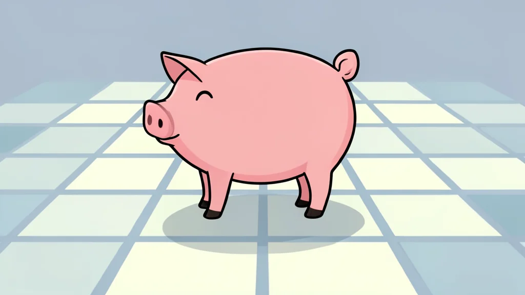 A stylized pig character standing on a grid of glowing geometric tiles