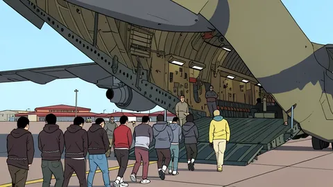 A long line of suitcases and duffel bags stacked on a concrete pier near a large cargo ship
