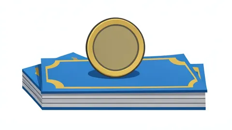 A digital coin resting on a stack of traditional banknotes