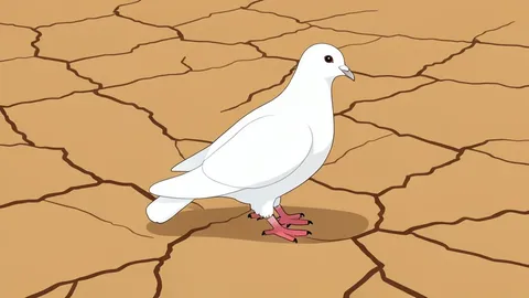A single white dove perched on dry, cracked earth.
