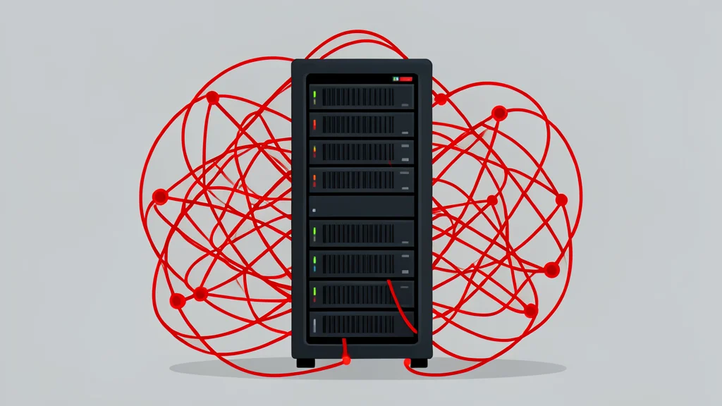 A tangled web of glowing red threads connecting to a dark server rack