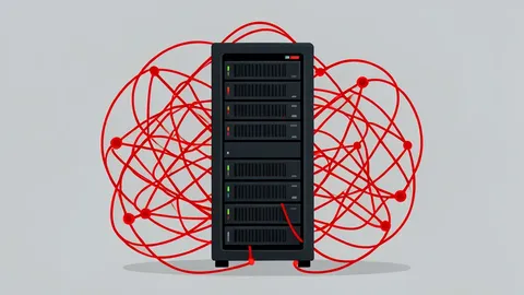 A tangled web of glowing red threads connecting to a dark server rack