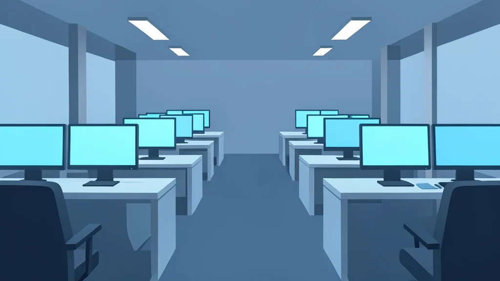 A stylized vector illustration of a trading floor with rows of empty desks and glowing monitors, devoid of text or people.