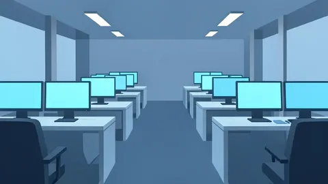 A stylized vector illustration of a trading floor with rows of empty desks and glowing monitors, devoid of text or people.