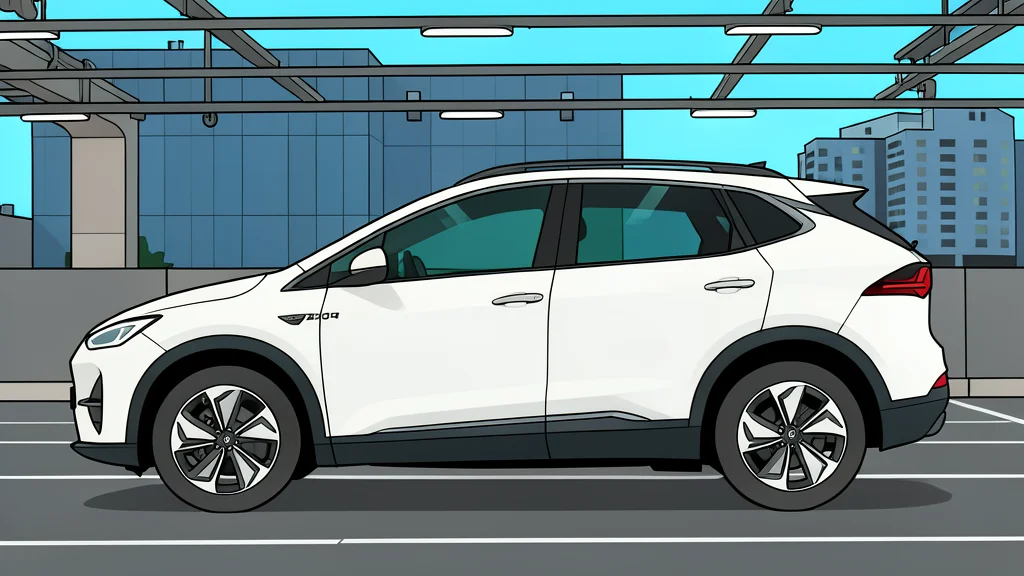 A modern electric vehicle parked in a driveway with visible exterior camera lenses on the side mirrors and front bumper