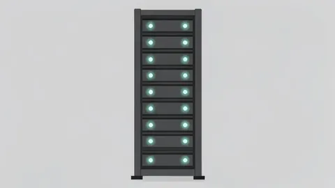 A server rack with blinking status lights