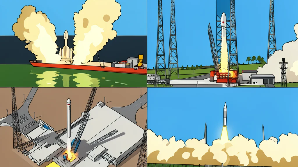 A flat vector illustration of a rocket standing vertically on a launch pad at a coastal spaceport, with stylized ocean waves in the background.