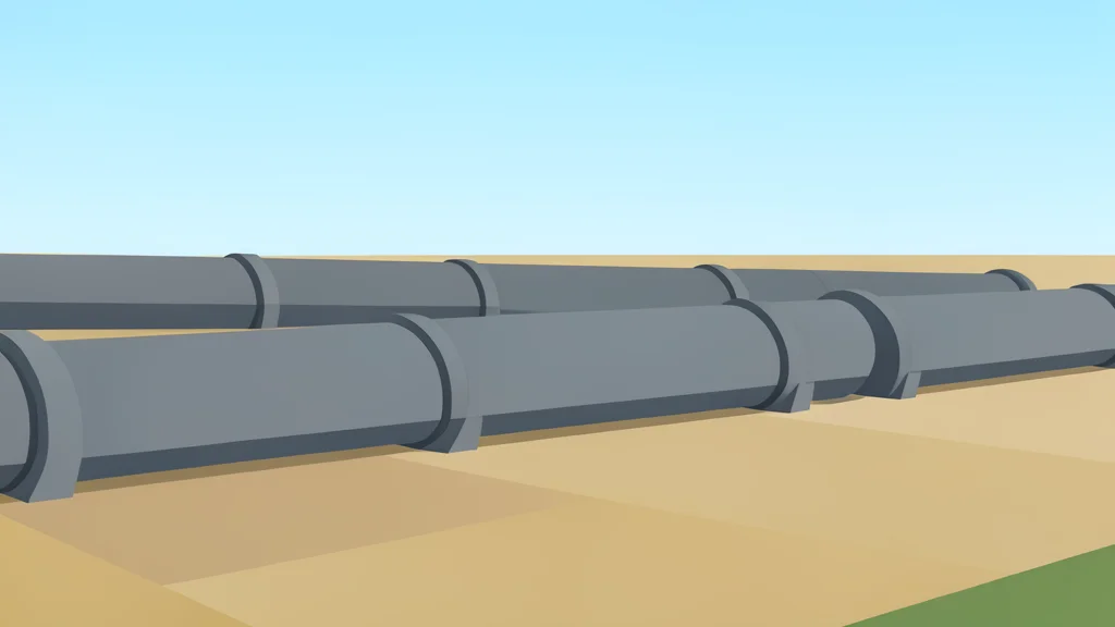 A network of large-diameter steel pipelines stretching across a flat, open landscape