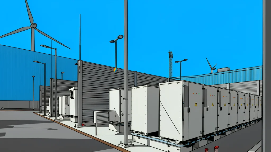 A row of large, white industrial shipping containers arranged on a concrete pad next to high-voltage electrical transformers and power lines.