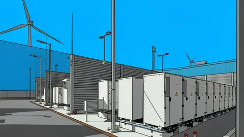 A row of large, white industrial shipping containers arranged on a concrete pad next to high-voltage electrical transformers and power lines.