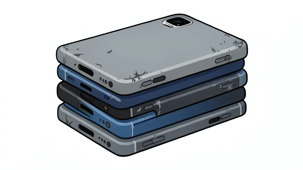 A flat-vector illustration of a stack of used mobile phones with visible wear on the casings