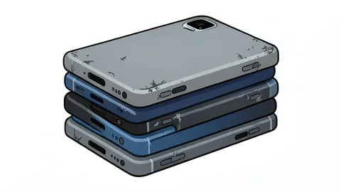 A flat-vector illustration of a stack of used mobile phones with visible wear on the casings