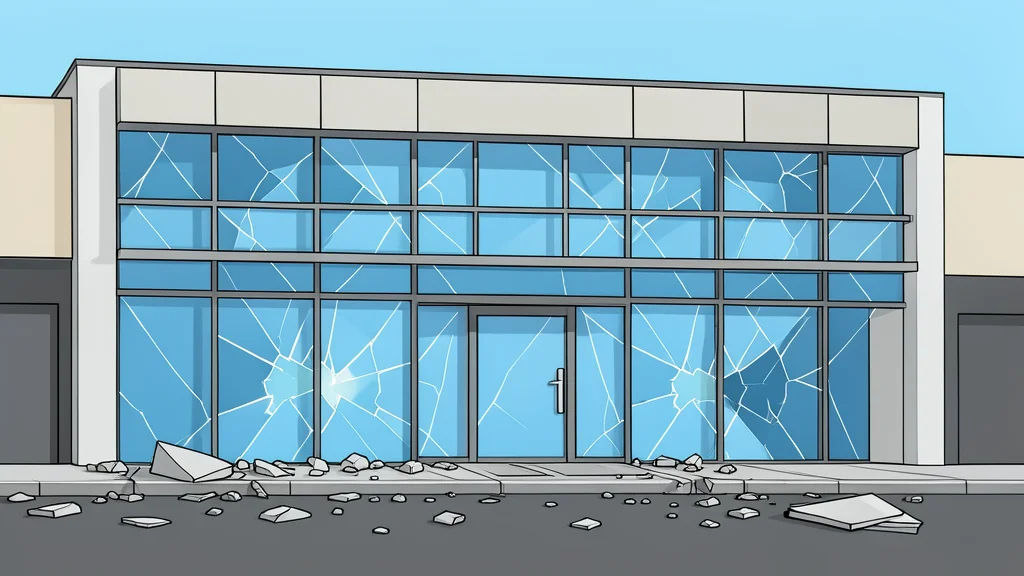 A damaged shopping mall facade with shattered glass and debris scattered on the street.