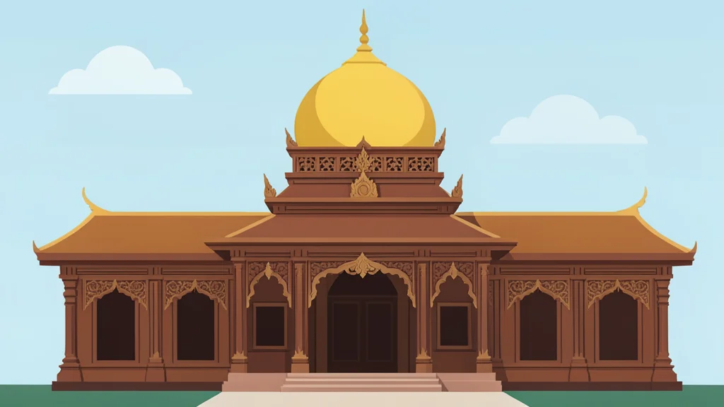A traditional Malay royal palace with golden domes and intricate wooden carvings