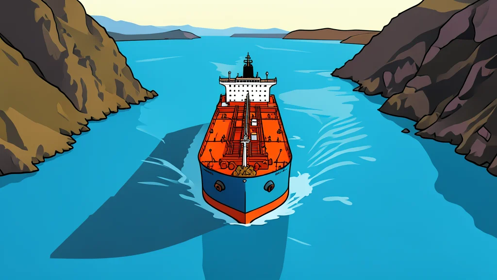 A large oil tanker ship navigating through a narrow, rocky strait