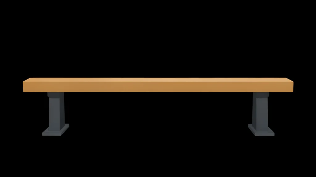 A polished wooden balance beam centered in a gymnasium with a white landing mat beneath it.