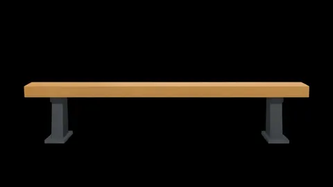 A polished wooden balance beam centered in a gymnasium with a white landing mat beneath it.