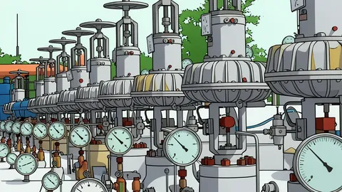 A large underground gas storage facility entrance with industrial piping and valves