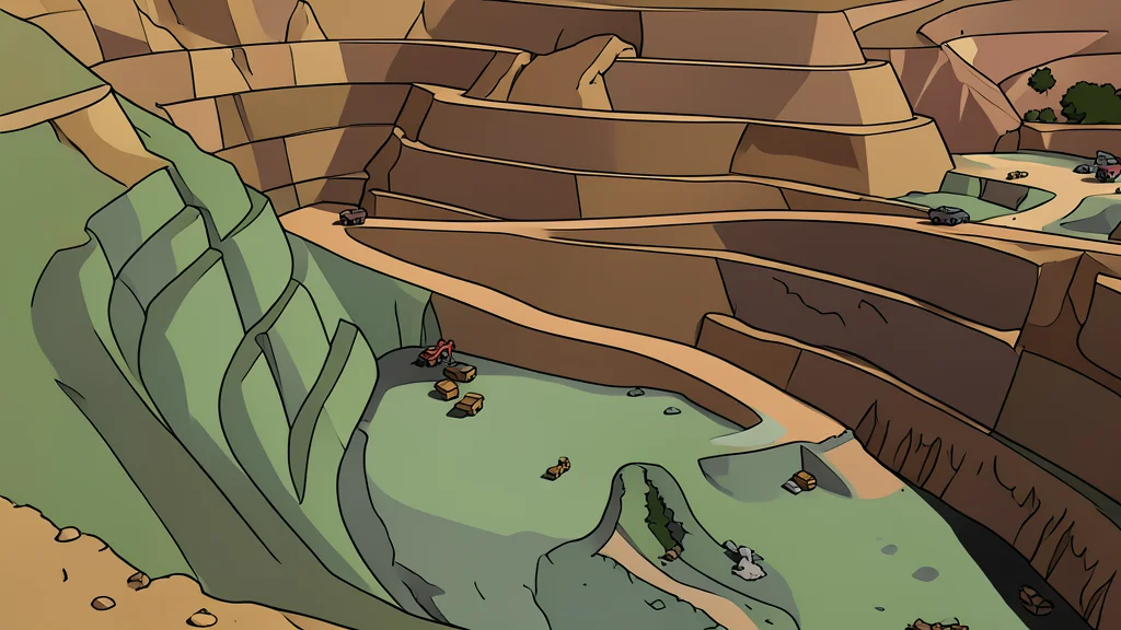 A flat vector illustration of a gold processing plant with conveyor belts and crushing machinery in an open-pit mining landscape.