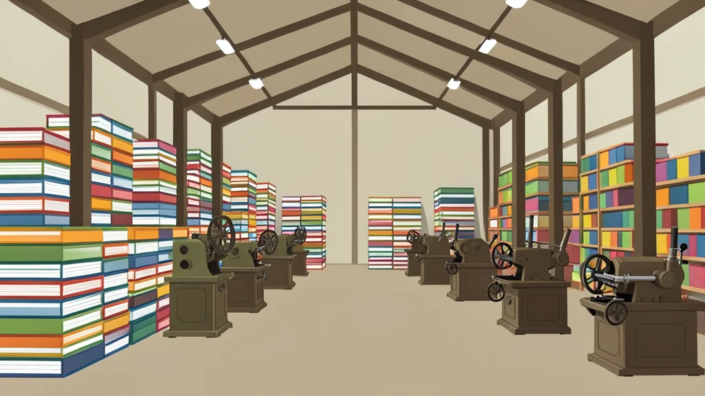 A large warehouse filled with stacks of books and printing presses