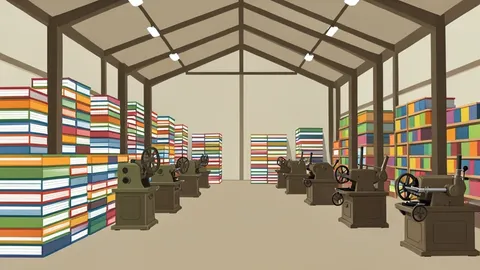 A large warehouse filled with stacks of books and printing presses