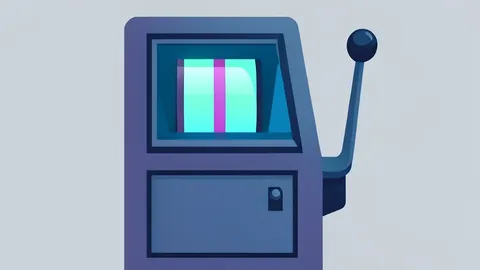 A stylized vector illustration of a classic slot machine cabinet with a glowing digital reel display and a prominent lever.