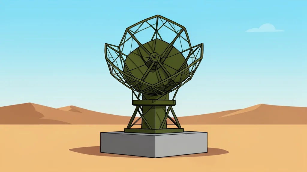A military radar dish on a concrete base in a dry landscape
