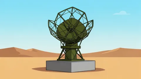 A military radar dish on a concrete base in a dry landscape