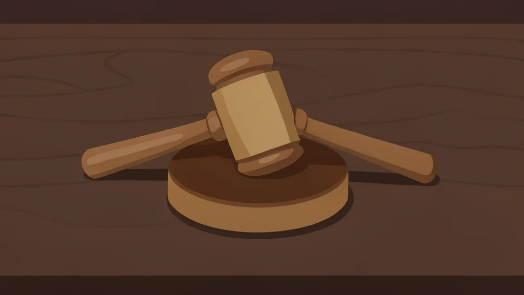 A wooden gavel resting on a dark oak desk surface